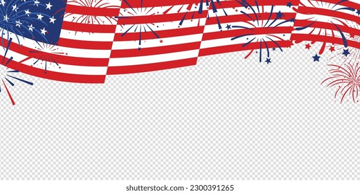 Vereinigte Staaten von Amerika feiern Banner-Vorlage mit uns schwingen Flagge und Feuerwerk-Illustration auf transparentem Hintergrund. Vektorgrafik.