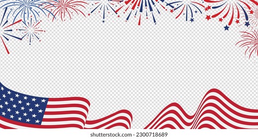 United states of america celebration banner template with us waving flag and firework illustration on transparent background. Vector illustration.