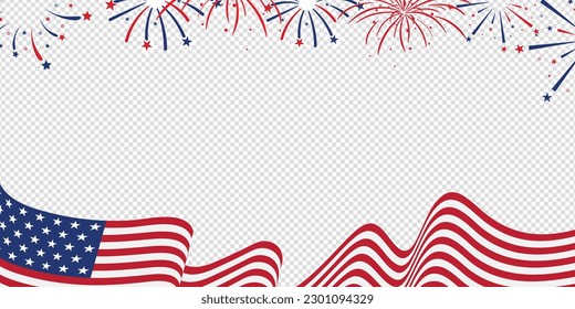 United States of America celebration banner template with us waving flag and firework illustration on transparent background. Vector illustration.