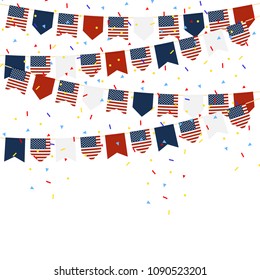 United States of America celebration bunting flags with Confetti And Ribbons on white background.vector illustration