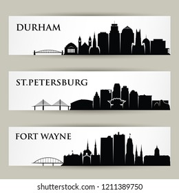 United States of America cities skylines - Druham, St. Petersburg, Fort Wayne - USA North Carolina, Florida, Indiana - vector illustration