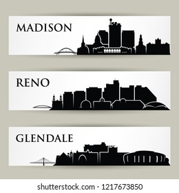 United States of America cities skylines - USA - Madison, Wisconsin, Reno, Nevada, Glendale, Arizona - isolated vector illustration