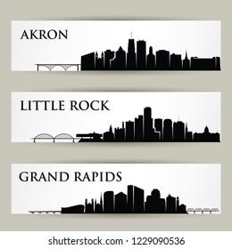 United States of America cities skylines - Akron, Little Rock, Grand Rapids, USA, Ohio, Arkansas, Michigan - isolated vector illustration