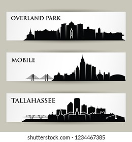United States of America cities skylines - USA, Overland Park, Kansas, Tallahassee, Florida, Mobile, Alabama - isolated vector illustration