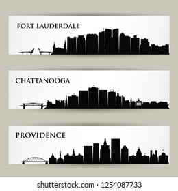 United States of America cities skylines - USA, Providence, Rhode Island, Fort Lauderdale, Florida, Chattanooga, Tennessee - isolated vector illustration