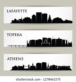 United States of America cities skylines - Lafayette, Louisiana, Topeka, Kansas, Athens, Georgia - isolated vector illustration