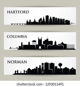 United States of America cities skylines - Hartford, Connecticut, Columbia, Missouri, Norman, Oklahoma - isolated vector illustration