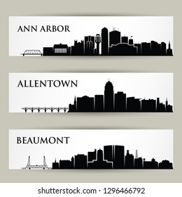 United States of America cities skylines - Ann Arbor, Michigan, Allentown, Pennsylvania, Beaumont, Texas, USA - isolated vector illustration