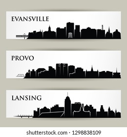 United States of America cities skylines - Evansville, Indiana, Provo, Utah, Lansing, Michigan, USA - isolated vector illustration