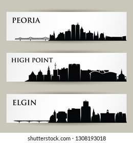United States of America cities skylines - Peoria, Elgin, High Point, Illinois, North Carolina - isolated vector illustration
