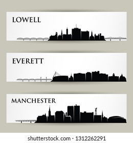 United States of America cities skylines - Lowell, Manchester, Everett, Massachusetts, New Hampshire, Washington - isolated vector illustration