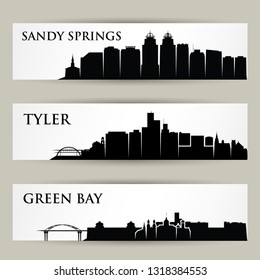 United States of America cities skylines - Sandy Springs, Georgia, Green Bay, Wisconsin, Tyler, Texas - isolated vector illustration