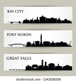 United States of America cities skylines - USA, Michigan, Montana, Bay City, Port Huron, Great Falls - isolated vector illustration