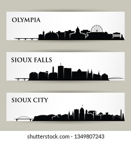 United States of America cities skylines - Olympia, Washington, Sioux City, Iowa, Sioux Falls, South Dakota - isolated vector illustration