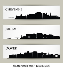 United States of America cities skylines - Cheyenne, Juneau, Dove, Wyoming, Alaska, Delaware - isolated vector illustration