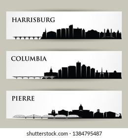 United States of America cities skylines - Harrisburg, Columbia, Pierre, Pennsylvania, South Carolina, South Dakota - isolated vector illustration