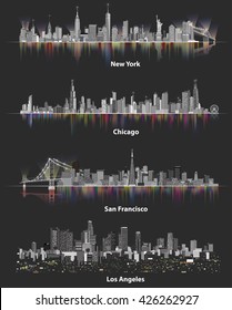 United States of America cities skylines at night vector illustrations