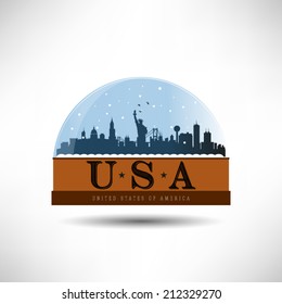 United States Of America City Skyline Silhouette In Snow Globe. Vector Design.