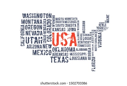 United States of America. Cloud of words in contour of America. Vector illustration. Word of various sizes on the topic