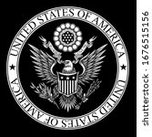 United States of America coat of Arms. Vector illustration of bald eagle with shield, arrows, ribbon and olive branch in engraving technique. Isolated on black.
