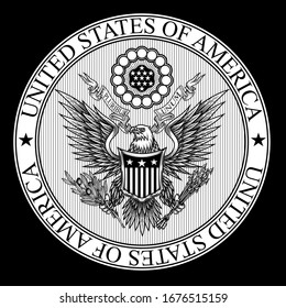 United States of America coat of Arms. Vector illustration of bald eagle with shield, arrows, ribbon and olive branch in engraving technique. Isolated on black.