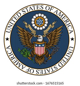 United States of America coat of Arms. Colorful vector illustration of bald eagle with shield, arrows and olive branch in engraving technique. Isolated on white.