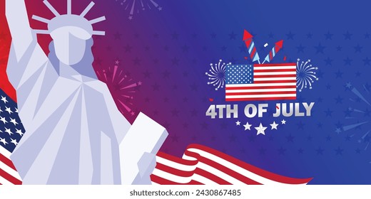 United States of America, Colorful 4th of July greeting banner of the Statue of Liberty with background banner template design with waving USA flag and fireworks on red blue color.