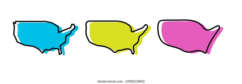 Contorno negro de país de los Estados Unidos de América y siluetas de país de colores en tres niveles diferentes de suavidad. Mapas simplificados. Iconos vectoriales aislados sobre fondo blanco.