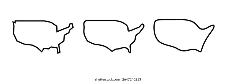 United States of America country black outline silhouettes in three different levels of smoothness. Simplified maps. Vector icons isolated on white background.
