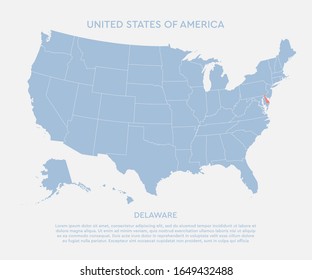 United states of America country - high detailed illustration map. Blank similar USA map isolated on white background. Vector template state Delaware for website, cover, pattern, infographics.