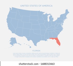 United states of America country - high detailed illustration map. Blank similar USA map isolated on white background. Vector template state Florida for website, cover, pattern, infographics.