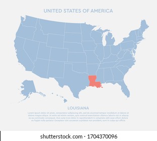 United states of America country - high detailed illustration map. Blank similar USA map isolated on white background. Vector template state Louisiana for website, cover, pattern, infographics.