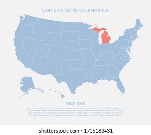 United states of America country - high detailed illustration map. Blank similar USA map isolated on white background. Vector template state Michigan for website, cover, pattern, infographics.