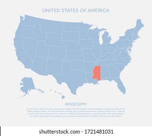 United states of America country - high detailed illustration map. Blank similar USA map isolated on white background. Vector template state Mississippi for website, cover, pattern, infographics.