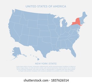 United states of America country - high detailed illustration map. Blank similar USA map isolated on white background. Vector template state New York for website, cover, pattern, infographics.