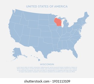 United states of America country - high detailed illustration map. Blank similar USA map isolated on white background. Vector template state Wisconsin for website, cover, pattern, infographics.