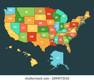 United States of America country infographic map, 50 states vector USA map. USA map with short name of states.