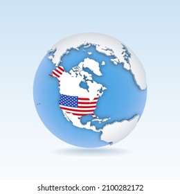 United States of America - country map and flag located on globe, world map. 3D Vector illustration