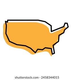 United States of America country simplified map. Orange silhouette with thick black sharp contour outline isolated on white background. Simple vector icon