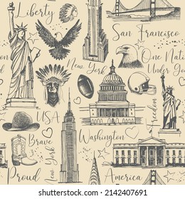 United states of america country theme symbols seamless pattern. Retro sketch background hand drawing