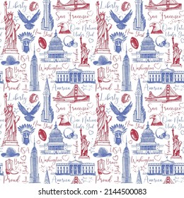 United states of america country theme symbols seamless pattern. Retro sketch background