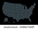 United States of America, dark political map. Fifty single states with their own geographic territories and borders, bound together in a union and federal government. Labeled with USPS abbreviations.