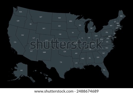 United States of America, dark political map. Fifty single states with their own geographic territories and borders, bound together in a union and federal government. Labeled with USPS abbreviations.