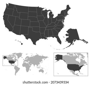 United States of America - detailed country outline and location on world map. Vector illustration