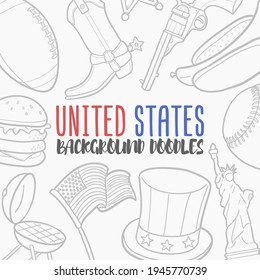 United States America Doodle Banner Icon. USA Vector Illustration Hand Drawn Art. Line Symbols Sketch Background.