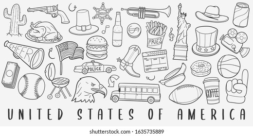 United States of America Doodle Line Art Illustration. Hand Drawn Vector Clip Art. Banner Set Logos.