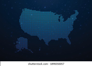 United States of America dotted map in futuristic style, glowing outline made of stars lines dots. Communication, internet technologies concept on dark blue space background. Vector illustration.