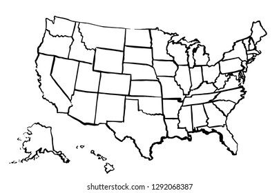 United States Of America drawing linear map isolated. USA vector illustration. Brush drawing territory print. Country poster with states for travel materials and education. Hand drawn graphic