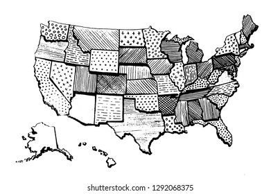 United States Of America drawing map isolated. USA vector illustration. Pencil drawing territory print. Country poster with states for travel materials and education. Cartoon style image hand drawn.