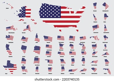 United states of America with each state map on USA flag. Vector illustration.